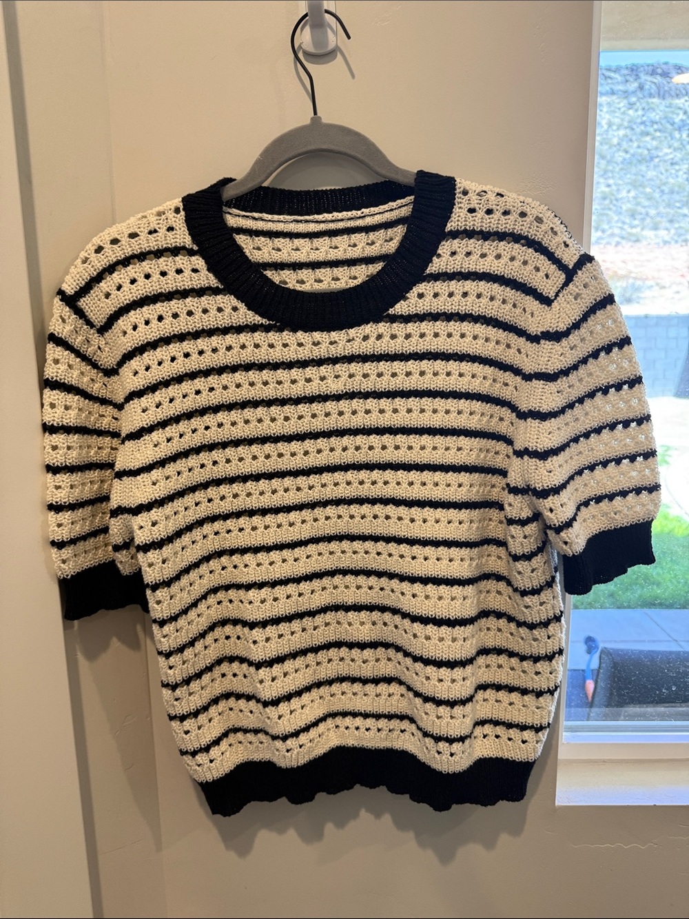 Black & Cream Striped Short-Sleeve Knit Sweater
